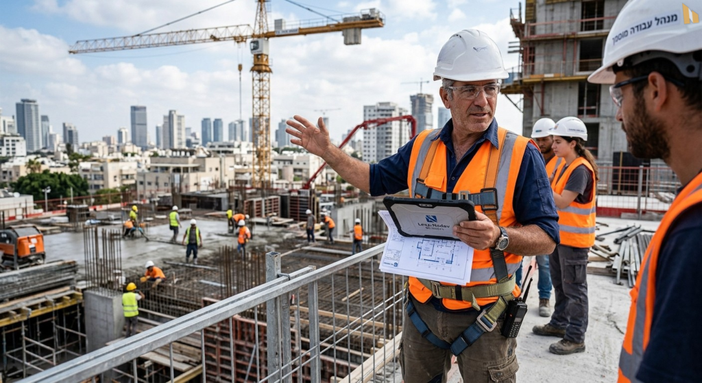 מנהל עבודה מוסמך בודק תוכניות בנייה ומפקח על הבטיחות באתר