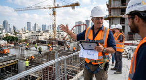 מנהל עבודה מוסמך בודק תוכניות בנייה ומפקח על הבטיחות באתר